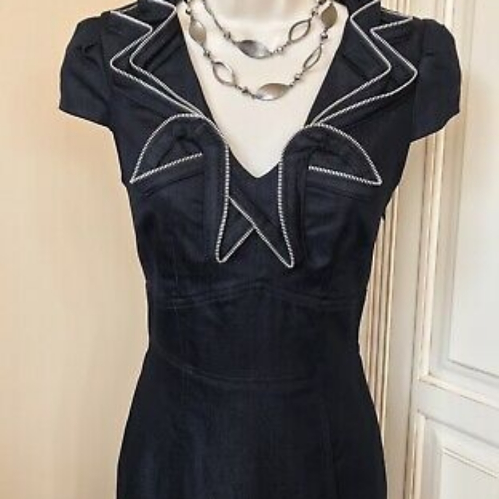 London Times Faux Denim Zipper Ruffle Collar Sheath Dress ~ Women’s Size 8